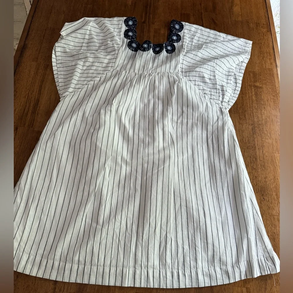 Madewell Linen Embroidered Butterfly Dress SZ XS White Navy Pinstripe - Picture 7 of 15